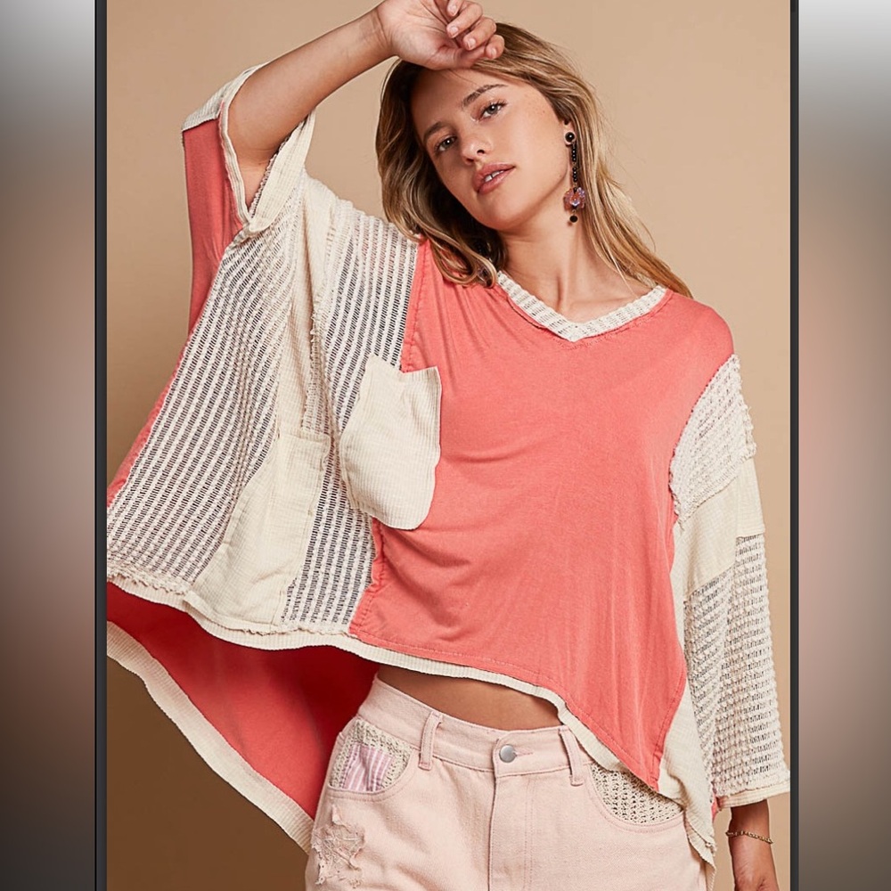 POL Coral and Cream Patchwork Top